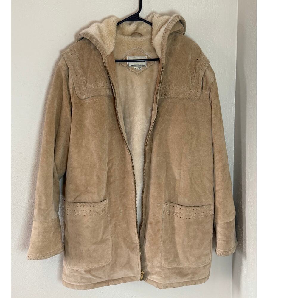 Vintage Women's Tan Fitz Wright Leather Hooded Heavy Winter Coat Size 1x